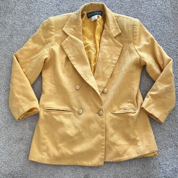 90s Vintage Stephanie Andrews 100% Pure Wool Retro Yellow Double Breasted Peacoa - Picture 6 of 8